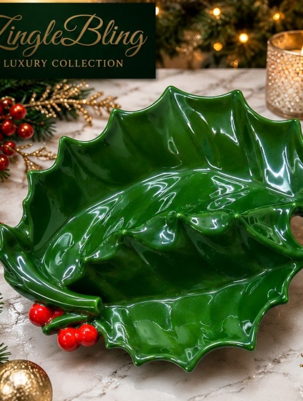 Vintage Christmas Ceramic Holly Leaf Serving Dish Red Berry Candy Bowl 10"
